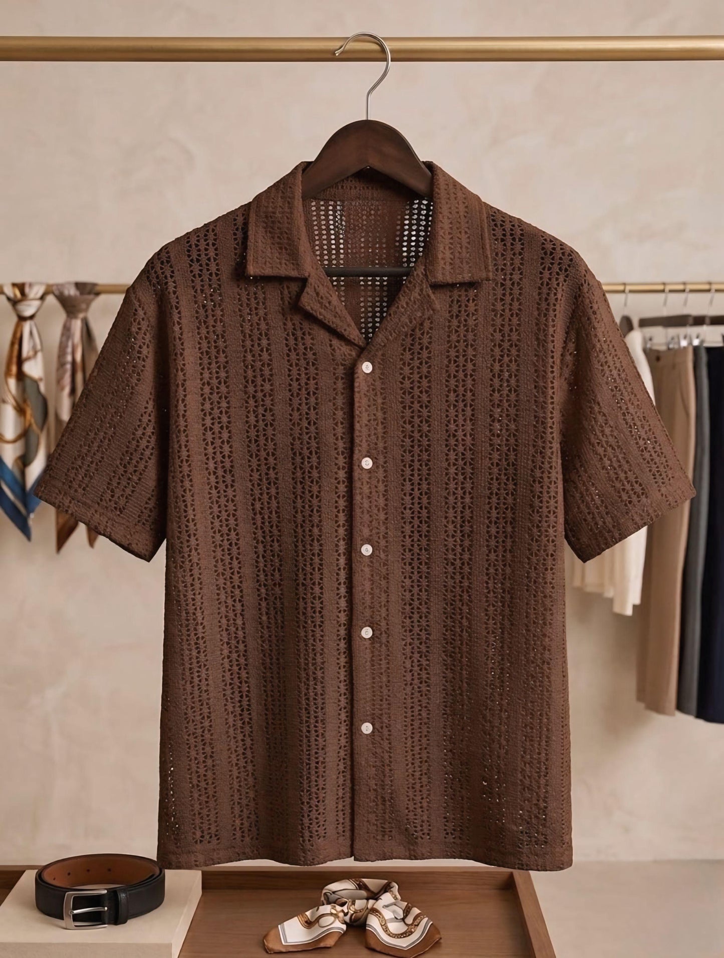 Crochet Knit Cuban Collar Shirt