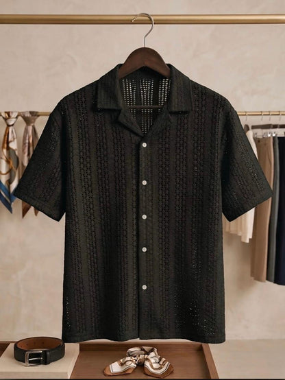 Crochet Knit Cuban Collar Shirt