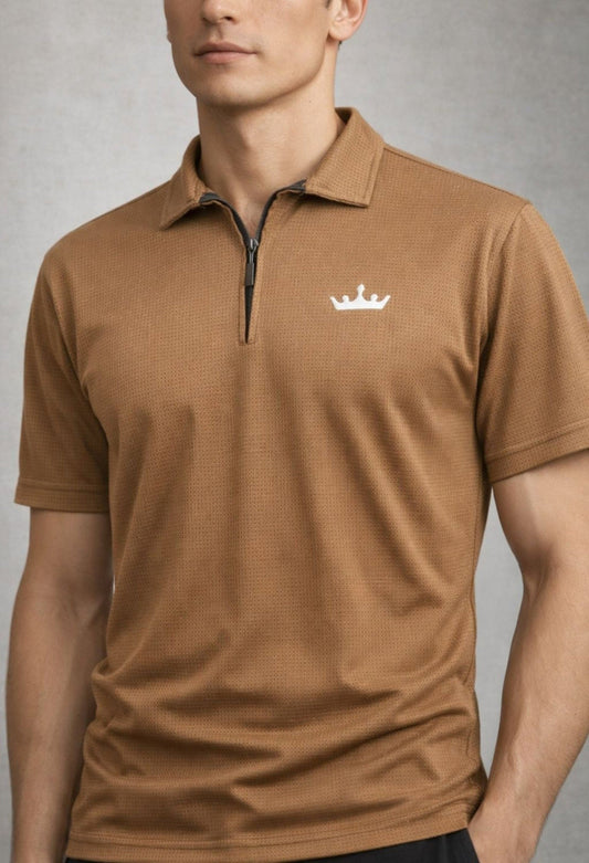 Man wearing a brown polo shirt with a logo on a gray background