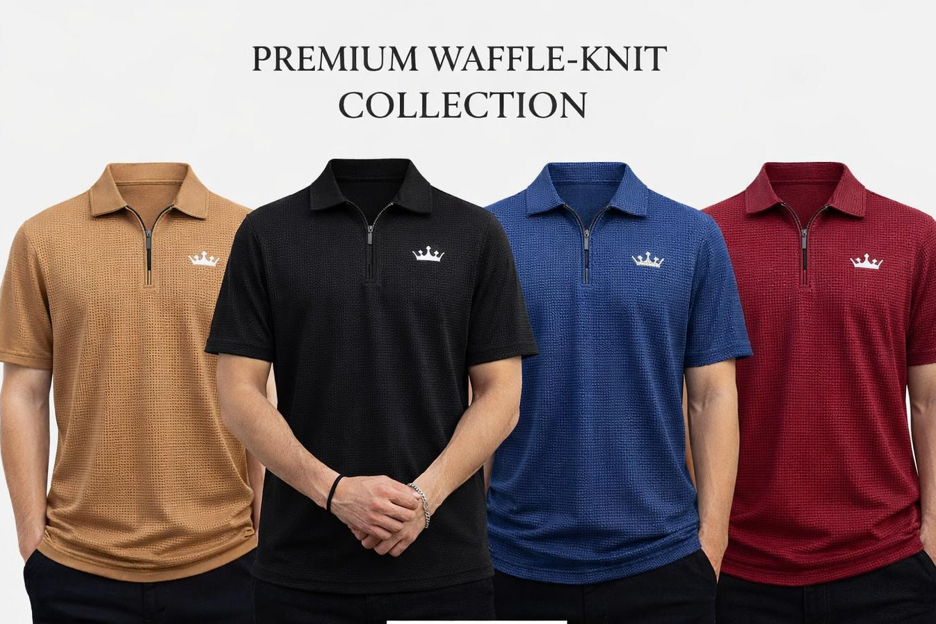 Four polo shirts in brown, black, blue, and red with a brand logo on a white background.